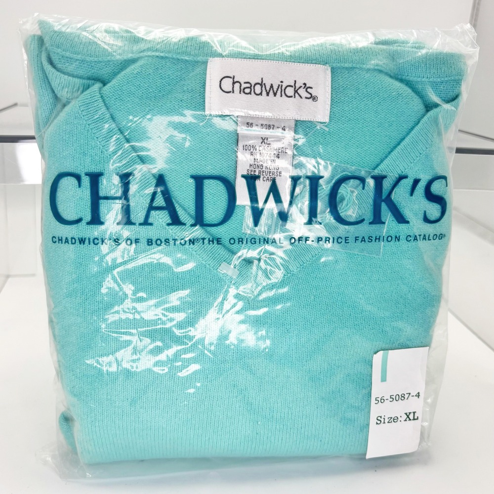 Vintage Chadwick's 100% Cashmere Sweater Women's XL Aqua Blue V-Neck NOS NIP‎